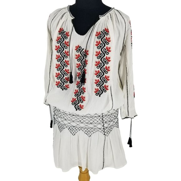 Ulla Johnson Samira White Black Red Embroidered Long Sleeve Mini Boho Dress - Picture 14 of 15